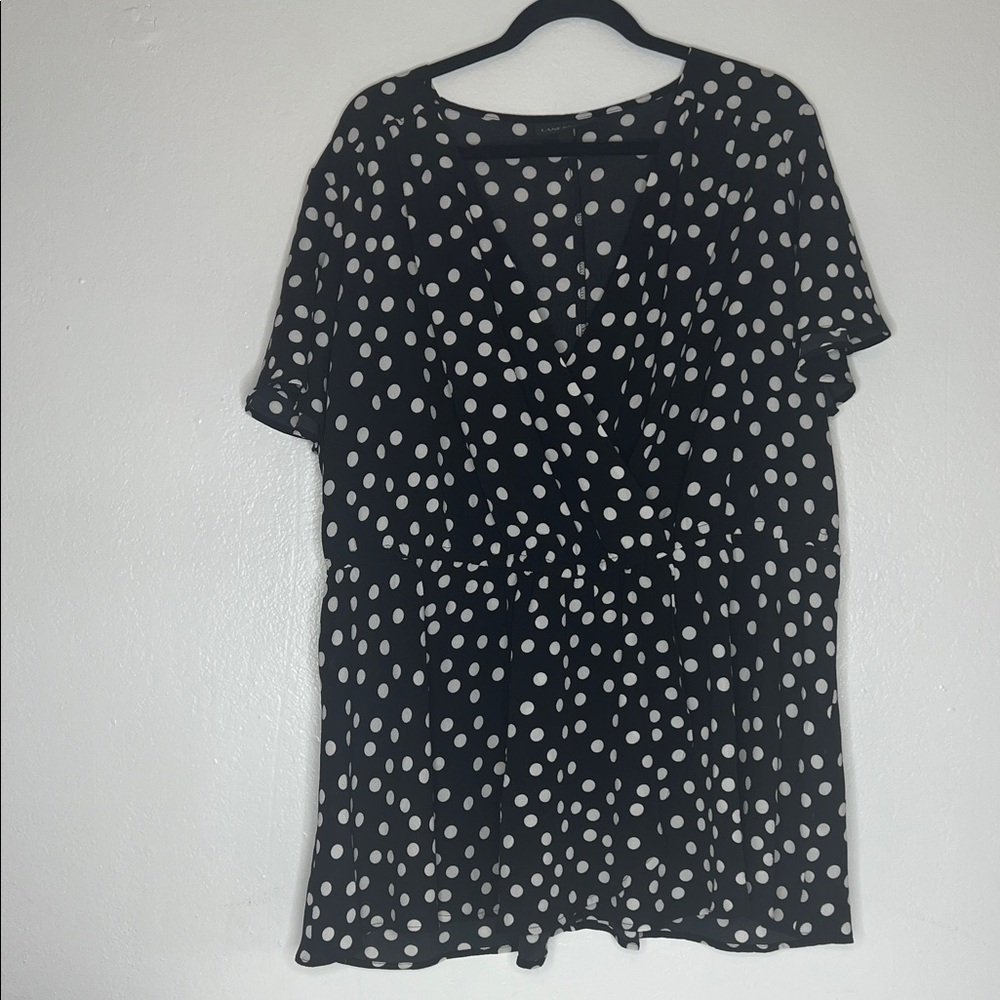 Lane Bryant Black and White Polka Dot Blouse surplice neck flutter sleeve Sz 22